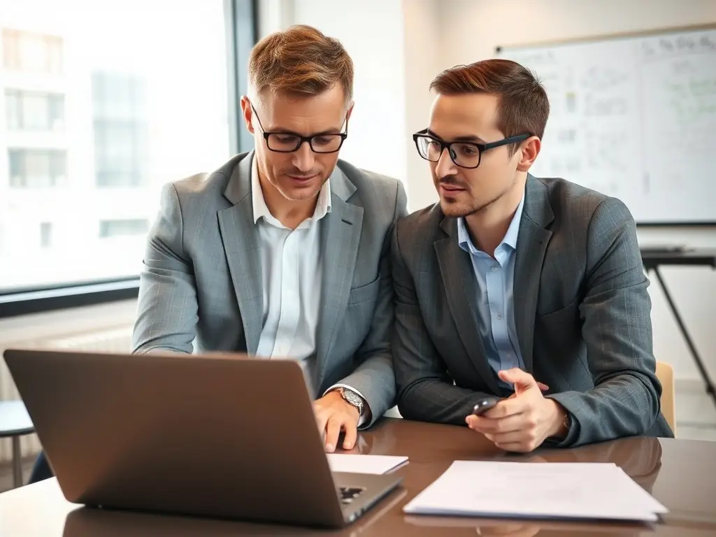 An image of a coach and client discussing a business plan over a laptop in a modern office setting, representing Business Growth Coaching.