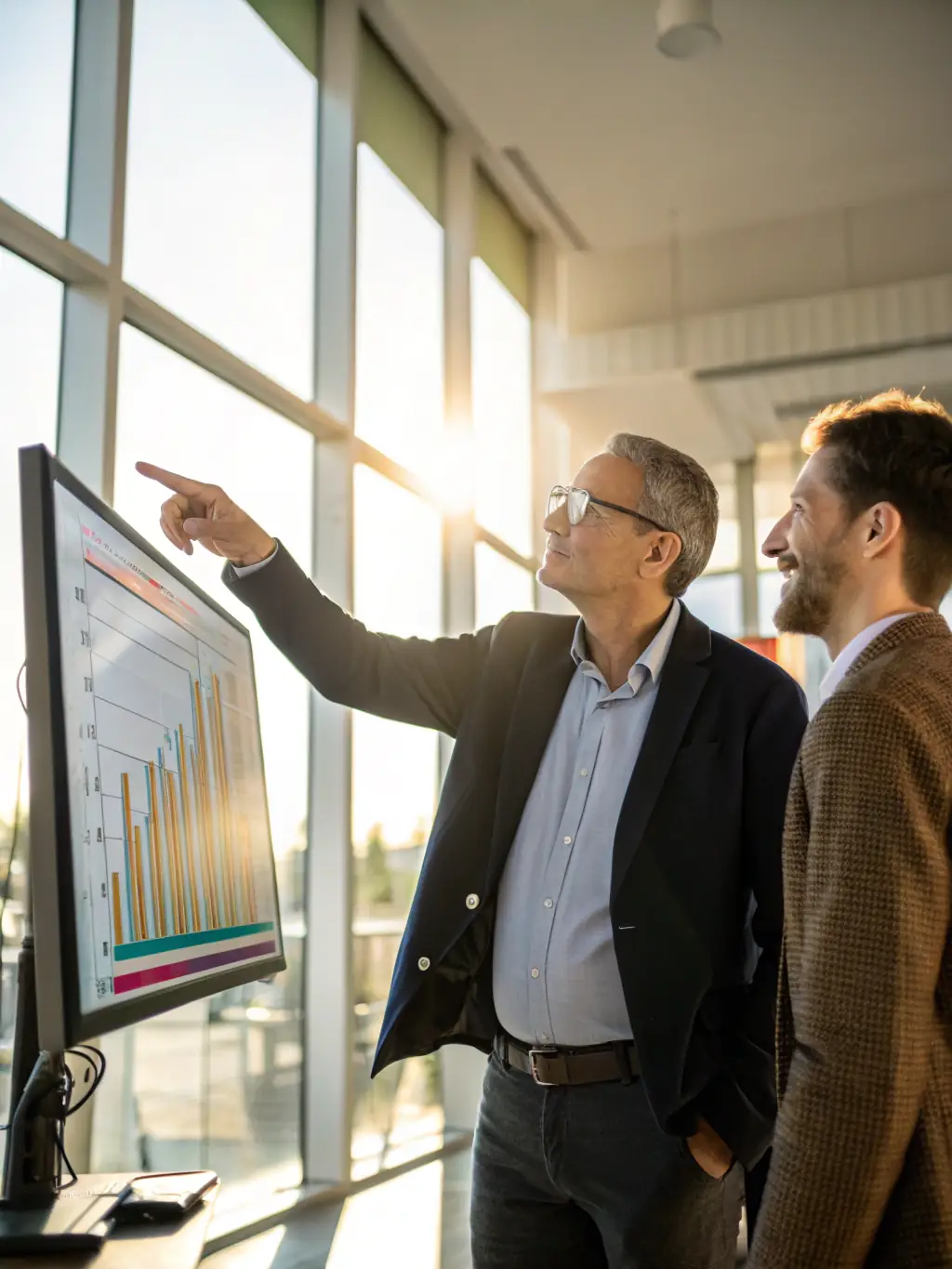A professional business coach in a suit, smiling confidently while pointing at a growth chart during a coaching session with a small business owner in a modern office setting.