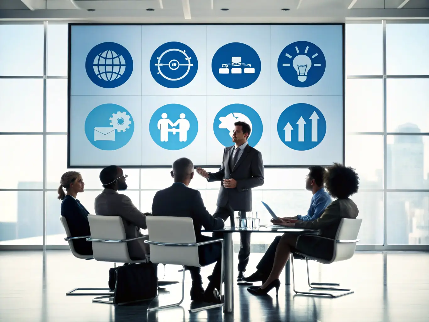 An image of a coach facilitating a workshop with a diverse group of professionals, emphasizing team building and collaboration.