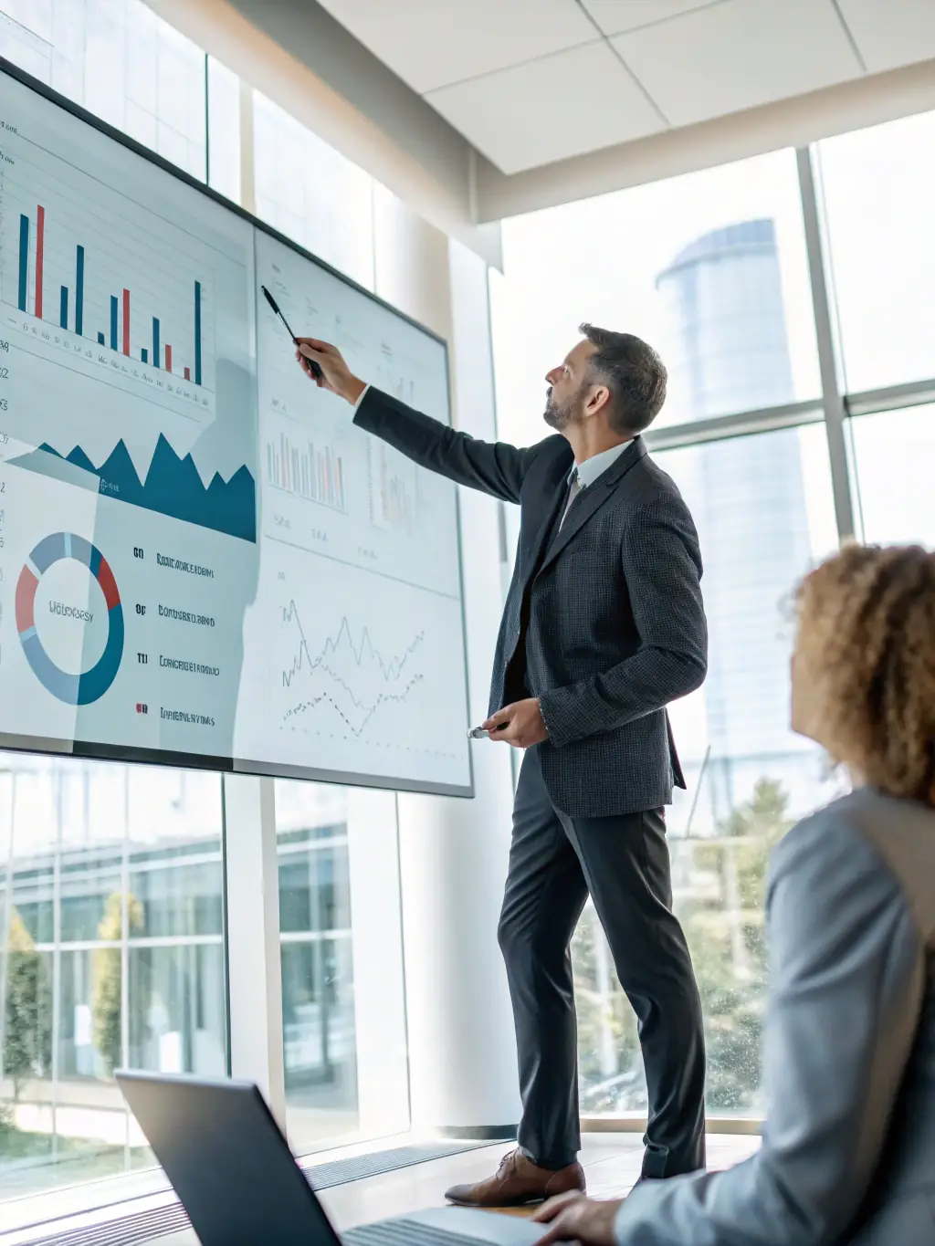 A professional businessman in a suit confidently presenting a growth chart on a whiteboard during a business coaching session, emphasizing strategic planning and business development.