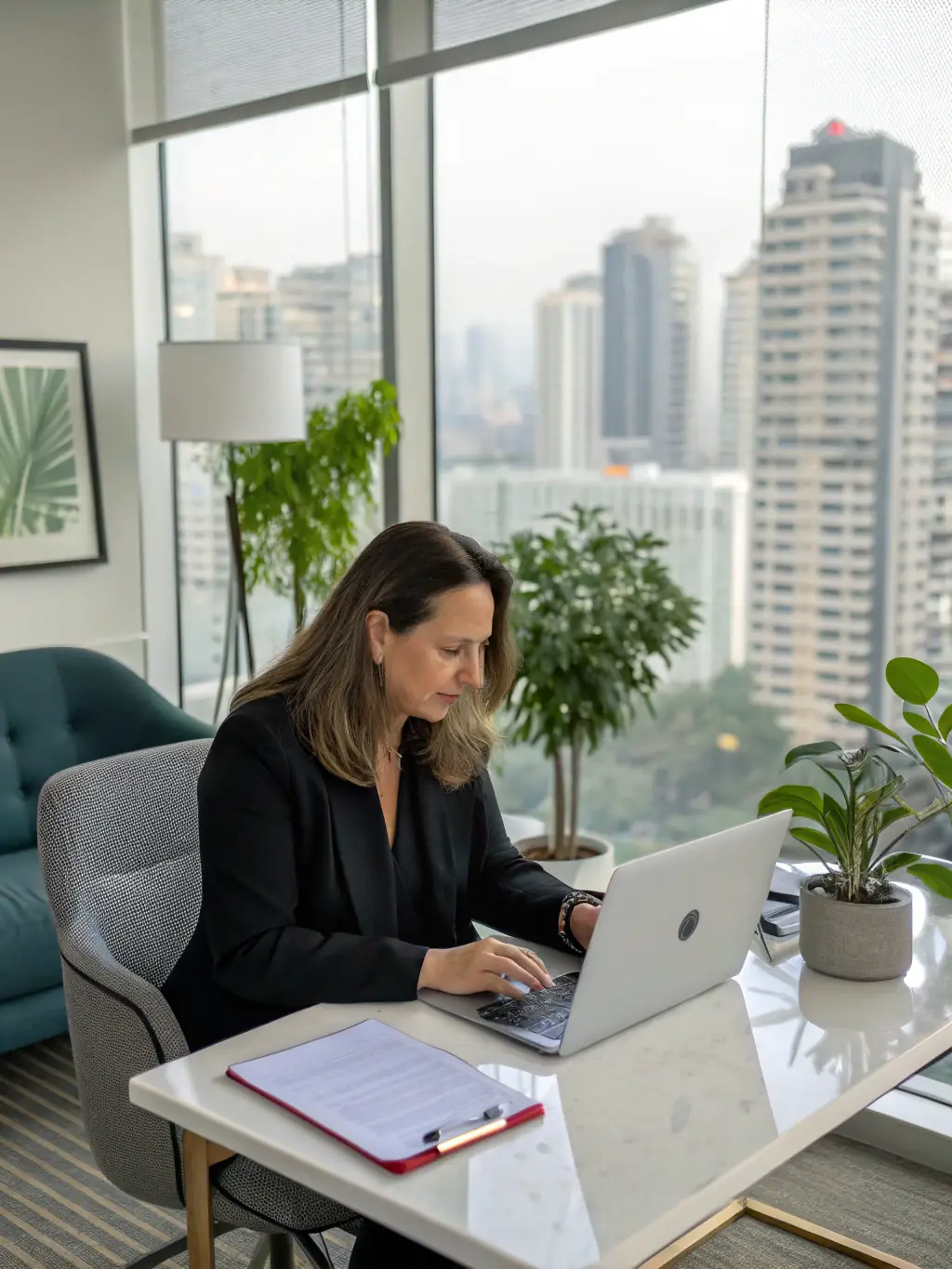 A VentureCoach Pro coach facilitating a remote coaching session with a business owner via video conference, discussing performance metrics and goal setting.