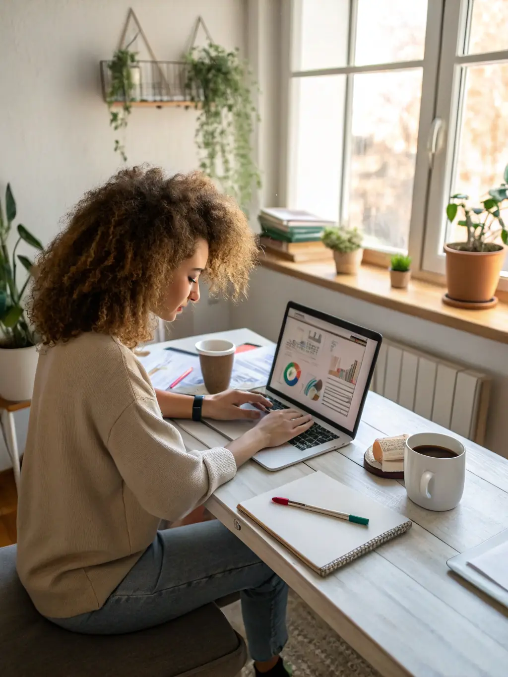 An entrepreneur working on a laptop, analyzing marketing data and optimizing campaigns with guidance from a VentureCoach Pro marketing expert.