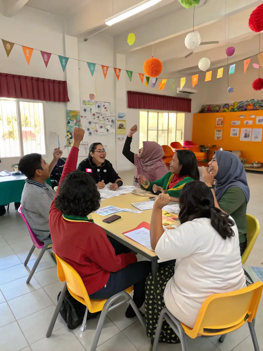 A diverse group of entrepreneurs participating in a VentureCoach Pro workshop, actively engaged in a brainstorming session with sticky notes and whiteboards.