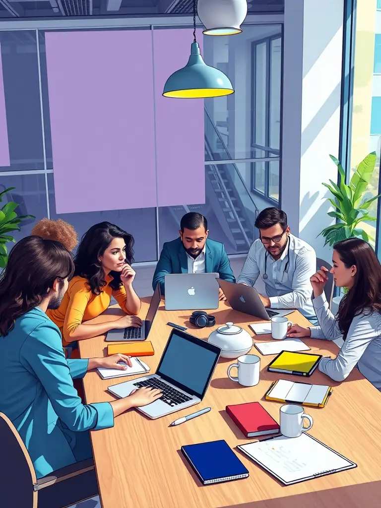 A diverse team of professionals collaborating around a table, brainstorming ideas and discussing innovative solutions during a leadership coaching workshop.